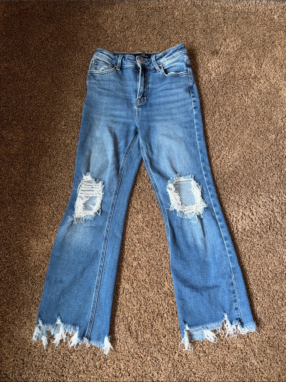 High-Rise Blue Distressed Flare Jeans with Frayed Hem